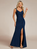 Classy Double Straps V-Neck Side Slit Glitter Evening Dress