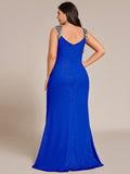 Glitter V-Neck Straps Pleated Wedding Guest Dress with High Slit