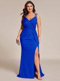 Plus Size Mermaid Glitter V-Neck Sleeveless High Slit Evening Dress