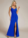 Glitter V-Neck Straps Pleated Wedding Guest Dress with High Slit