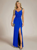 Glitter V-Neck Straps Pleated Wedding Guest Dress with High Slit