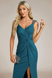 Bodycon V-Neck Straps Empire-Waist High Slit Sleeveless Prom Dress