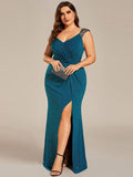 Glitter V-Neck Straps Pleated Wedding Guest Dress with High Slit