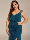 Plus Size Mermaid Glitter V-Neck Sleeveless High Slit Evening Dress