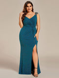 Plus Size Mermaid Glitter V-Neck Sleeveless High Slit Evening Dress