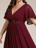 A-Line Floral Applique Empire-Waist Short Sleeve Chiffon Formal Evening Dress