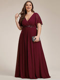 A-Line Floral Applique Empire-Waist Short Sleeve Chiffon Formal Evening Dress