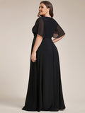 A-Line Floral Applique Empire-Waist Short Sleeve Chiffon Formal Evening Dress