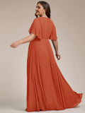 A-Line Floral Applique Empire-Waist Short Sleeve Chiffon Formal Evening Dress