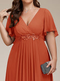 A-Line Floral Applique Empire-Waist Short Sleeve Chiffon Formal Evening Dress