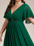 A-Line Floral Applique Empire-Waist Short Sleeve Chiffon Formal Evening Dress