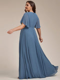 A-Line Floral Applique Empire-Waist Short Sleeve Chiffon Formal Evening Dress