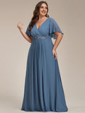 A-Line Floral Applique Empire-Waist Short Sleeve Chiffon Formal Evening Dress