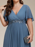 A-Line Floral Applique Empire-Waist Short Sleeve Chiffon Formal Evening Dress
