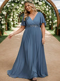 A-Line Floral Applique Empire-Waist Short Sleeve Chiffon Formal Evening Dress