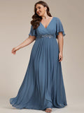 A-Line Floral Applique Empire-Waist Short Sleeve Chiffon Formal Evening Dress