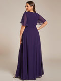 A-Line Floral Applique Empire-Waist Short Sleeve Chiffon Formal Evening Dress