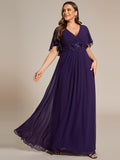 A-Line Floral Applique Empire-Waist Short Sleeve Chiffon Formal Evening Dress