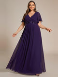 A-Line Floral Applique Empire-Waist Short Sleeve Chiffon Formal Evening Dress