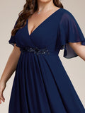 A-Line Floral Applique Empire-Waist Short Sleeve Chiffon Formal Evening Dress