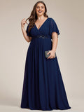 A-Line Floral Applique Empire-Waist Short Sleeve Chiffon Formal Evening Dress