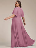 A-Line Floral Applique Empire-Waist Short Sleeve Chiffon Formal Evening Dress