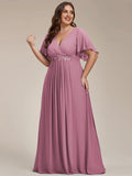 A-Line Floral Applique Empire-Waist Short Sleeve Chiffon Formal Evening Dress