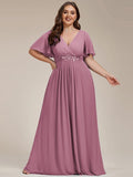 A-Line Floral Applique Empire-Waist Short Sleeve Chiffon Formal Evening Dress
