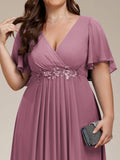 A-Line Floral Applique Empire-Waist Short Sleeve Chiffon Formal Evening Dress