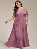 A-Line Floral Applique Empire-Waist Short Sleeve Chiffon Formal Evening Dress