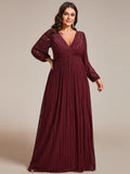 A-Line Plus Size Empire-Waist V-Neck Evening Dress with Long Sleeves
