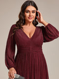 A-Line Plus Size Empire-Waist V-Neck Evening Dress with Long Sleeves