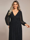 A-Line Plus Size Empire-Waist V-Neck Evening Dress with Long Sleeves