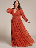 A-Line Plus Size Empire-Waist V-Neck Evening Dress with Long Sleeves