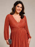 A-Line Plus Size Empire-Waist V-Neck Evening Dress with Long Sleeves