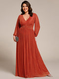 A-Line Plus Size Empire-Waist V-Neck Evening Dress with Long Sleeves