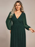 A-Line Plus Size Empire-Waist V-Neck Evening Dress with Long Sleeves