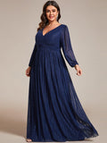 A-Line Plus Size Empire-Waist V-Neck Evening Dress with Long Sleeves