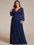 A-Line Plus Size Empire-Waist V-Neck Evening Dress with Long Sleeves
