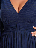 A-Line Plus Size Empire-Waist V-Neck Evening Dress with Long Sleeves