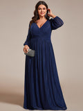 A-Line Plus Size Empire-Waist V-Neck Evening Dress with Long Sleeves