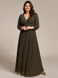 A-Line Plus Size Empire-Waist V-Neck Evening Dress with Long Sleeves