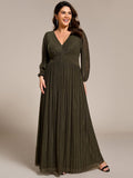 A-Line Plus Size Empire-Waist V-Neck Evening Dress with Long Sleeves