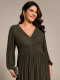 A-Line Plus Size Empire-Waist V-Neck Evening Dress with Long Sleeves