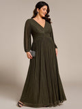 A-Line Plus Size Empire-Waist V-Neck Evening Dress with Long Sleeves