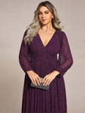 A-Line Plus Size Empire-Waist V-Neck Evening Dress with Long Sleeves