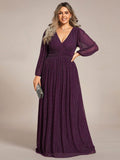 A-Line Plus Size Empire-Waist V-Neck Evening Dress with Long Sleeves