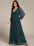 A-Line Plus Size Empire-Waist V-Neck Evening Dress with Long Sleeves