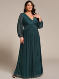 A-Line Plus Size Empire-Waist V-Neck Evening Dress with Long Sleeves