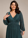 A-Line Plus Size Empire-Waist V-Neck Evening Dress with Long Sleeves